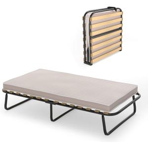 KOTEK Folding Bed with Mattress, Portable Guest Bed Cot Size w/Memory Foam Mattress & Wood Slat Support, Heavy Duty Steel Single Bed Frame for Bedroom & Office, Made in Italy