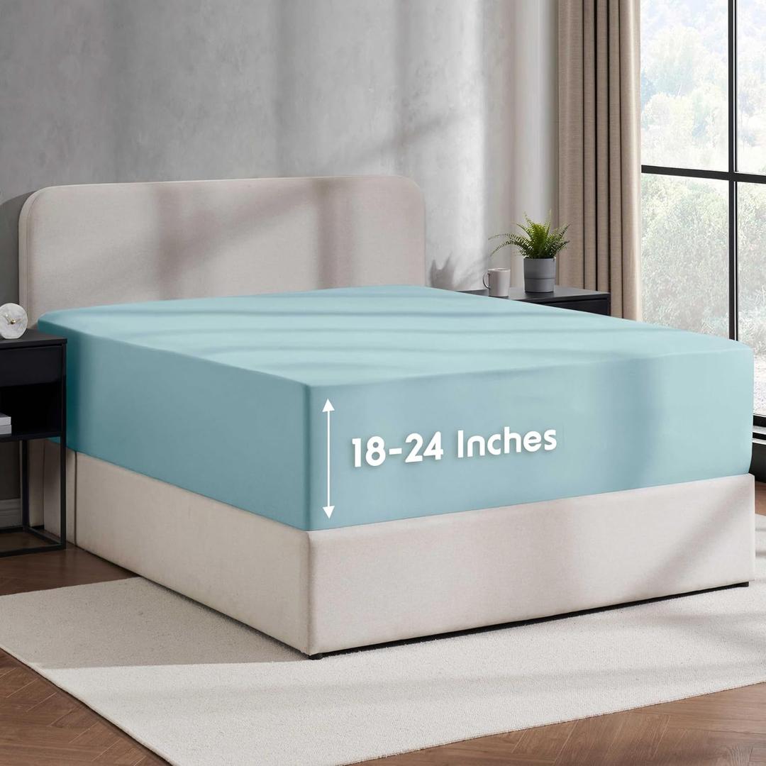 Nestl Light Blue Extra Deep Pocket King Fitted Sheet Only, Hotel Luxury King Size Fitted Sheets Easily Fits 18 to 24 Inch Mattress, Super Soft, Wrinkle-Free, and Breathable Sheets with Corner Straps
