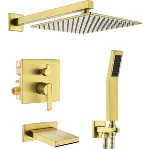 Gold Shower System with Tub Spout, All Metal Bathtub Shower Faucet Set with High Pressure 10 Inch Rain Shower Head and Handheld Shower Head Set, Brushed Gold (Valve Include)