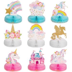 Outus 9 Pieces Unicorn Rainbow Honeycomb Centerpiece for Table Decorations Shiny Topper Birthday Party Supplies