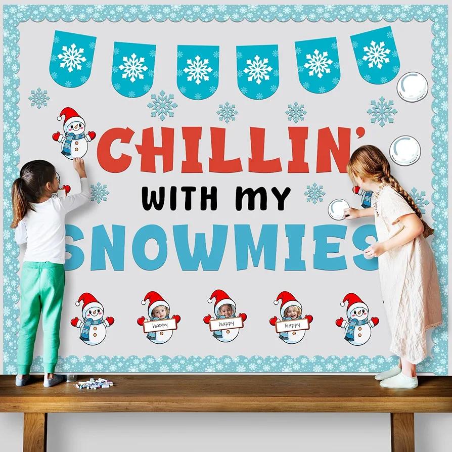 Affrolling 127 Pcs Christmas Winter Bulletin Board Decorations Set Snowman Cutouts DIY Photo Wall Winter Classroom Decorations for Bulletin Board School Home Wall Decor Holiday Party Supplies