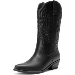DREAM PAIRS Women's Cowboy Boots Mid Calf Cowgirl Boots Embroidery Stitched Western Boots (7 Wide, All Black)