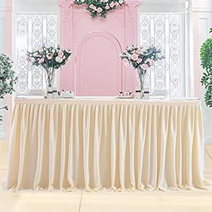 Leegleri 9 ft Ivory White Polyester Pleated Table Skirt for Rectangle Table, Ruffle Tutu Table Cloth for Baby Shower Wedding, Birthday Party, Gender Reveal, Dessert Cake Tables