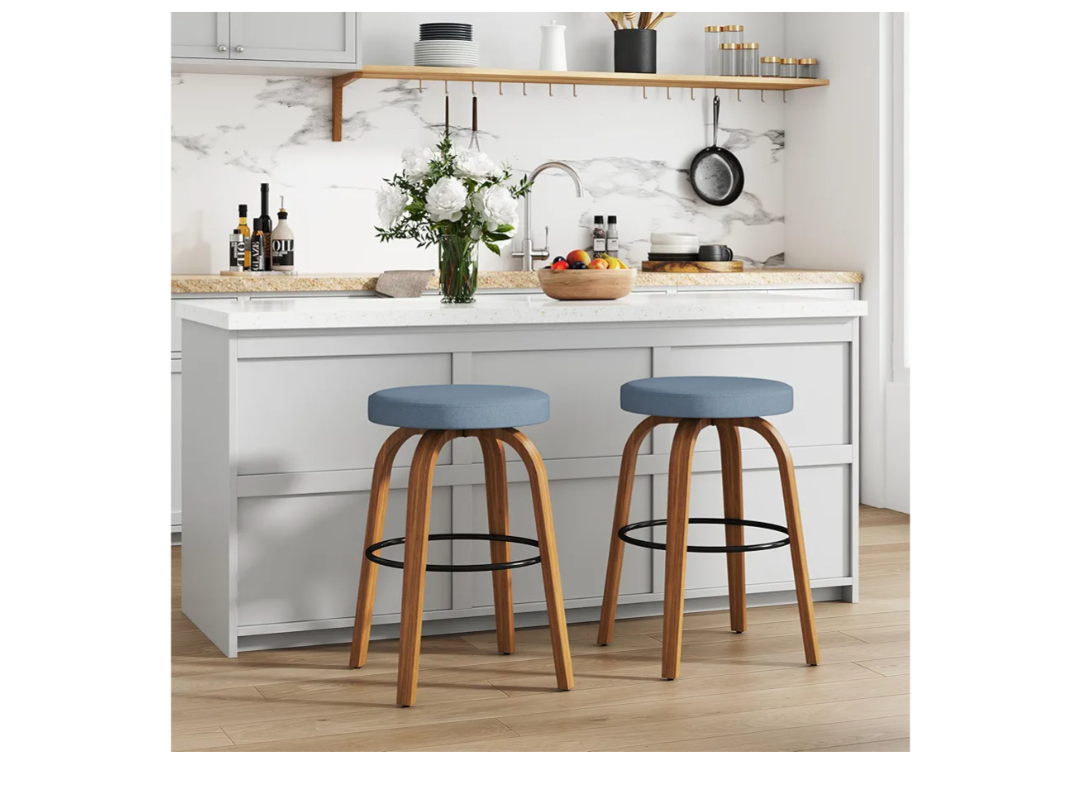 Swivel Bar Stools Set of 2, 26" Counter Height Backless Bar Stools, Fabric Upholstered Seat, Sturdy Curved Wood Legs, Mid-Century Modern Island Stools for Kitchen Bar, Dining Room, Blue