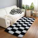 KICMOR Fluffy Soft Runner Rug for Bedroom Living Room, 2x6 Black and White Checkered Rugs Fuzzy Plush Shaggy Bedside Carpet, Non Slip Long Rug for Kids Girls Boys Room Nursery Home Decor Aesthetic