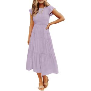 ZESICA Women's 2026 Summer Casual Flutter Short Sleeve Crew Neck Smocked Elastic Waist Tiered Midi Dress (Large, Light Purple)