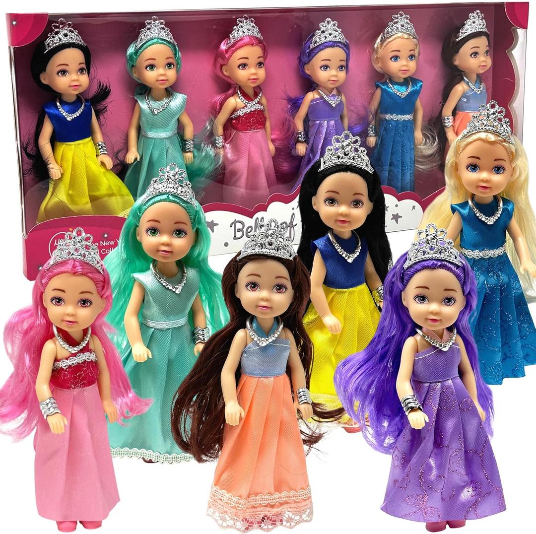 Little Dolls Set with Mini Princess Dolls for Girls  Princess Toy Dolls for Dollhouse Small Doll Mini Princess Figures with Tiaras, Hair Accessories (Caucasian)