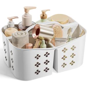Portable Shower Caddy with Handle, Large Capacity Shower Basket Organizer, Quick-Drain Bathroom Storage Tote, Durable Plastic Shower Organizer for College Dorm, Beach, Gym, Travel Essentials, White