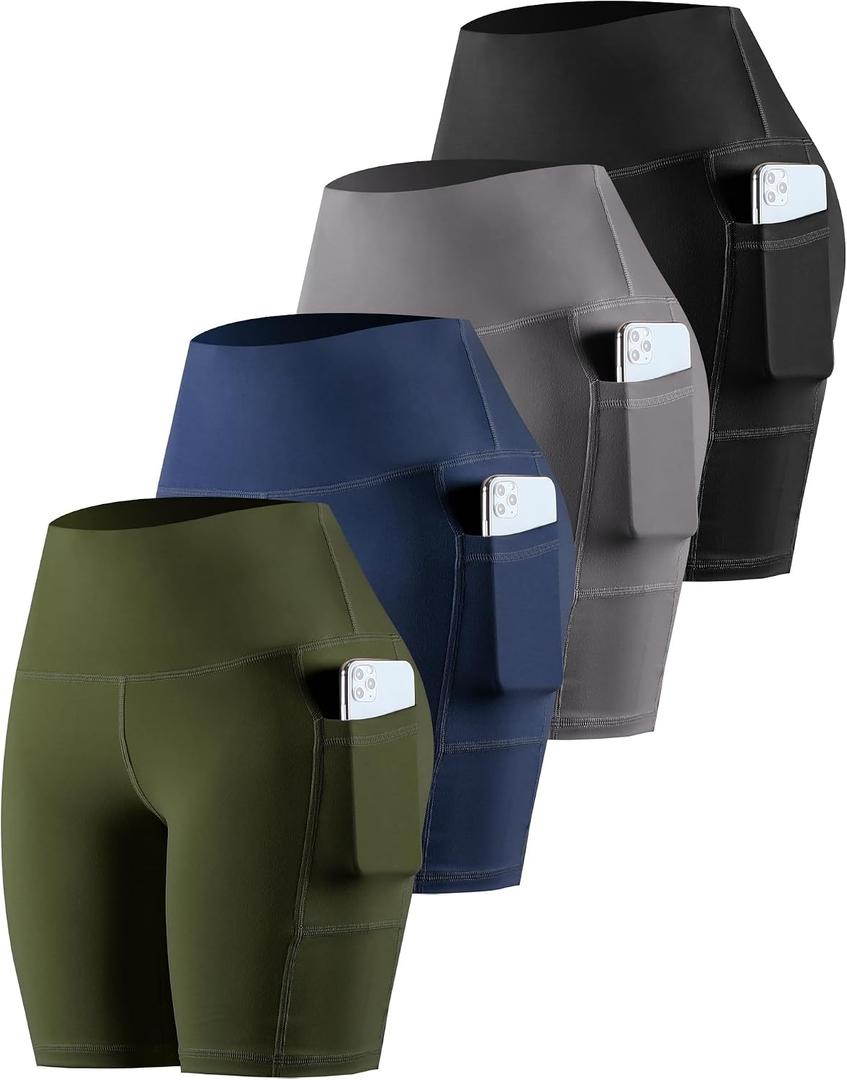 CHRLEISURE Womens Biker Yoga Shorts with Pockets: High Waisted Tummy Control Spandex Workout Athletic Gym Shorts 4 Packs 8' Medium