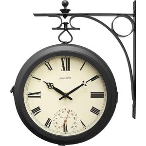 AcuRite 9-Inch Indoor/Outdoor Double-Sided Hanging Clock with 360-Degree Spin Functionality, Iron Metal Frame, Glass Lens, Quartz Crystal Movement, Weatherproof and Premium Thermometer (75140M),Black