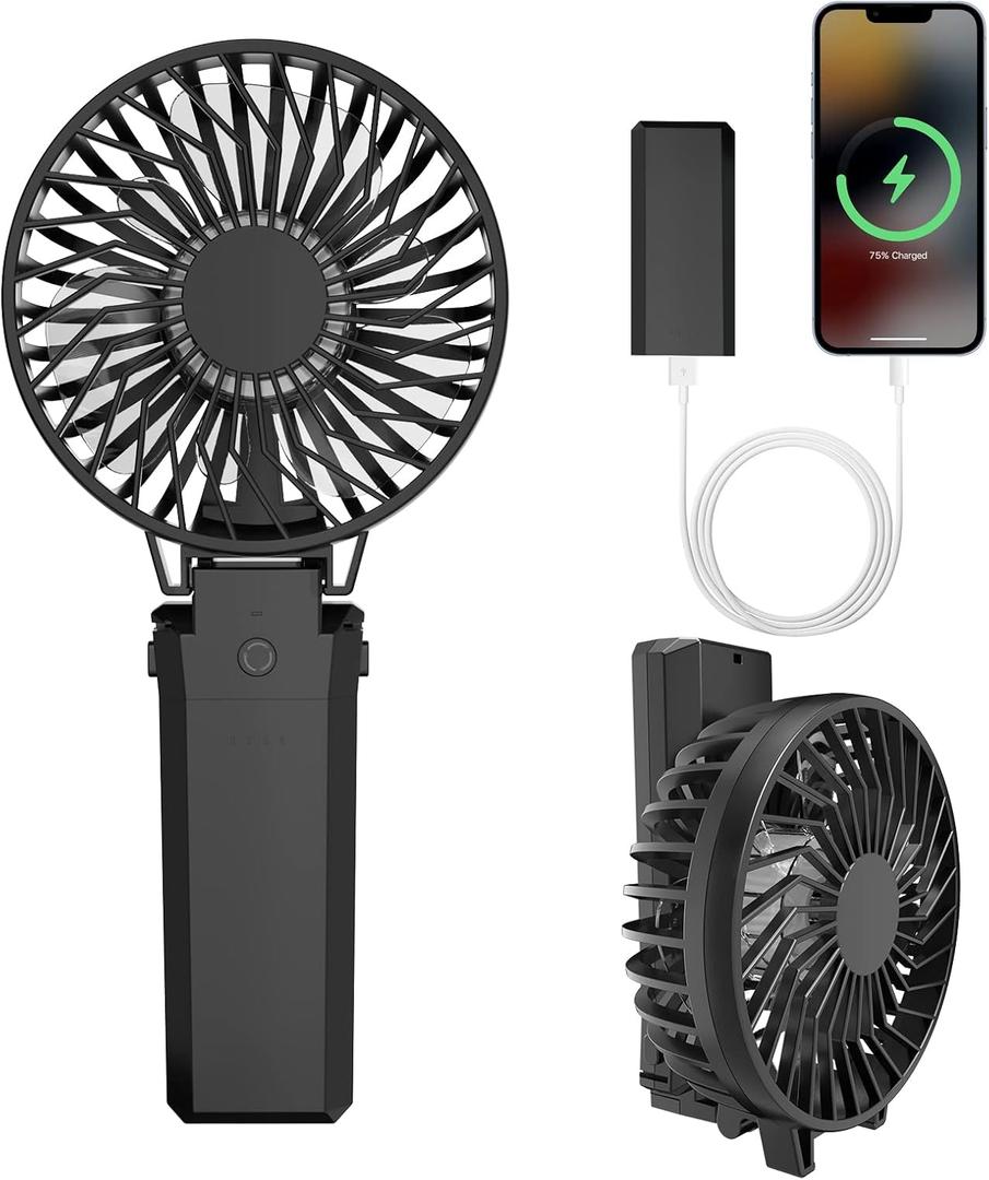 HandFan 5200mAh Portable Fan Handheld, 6 Speeds Hand Held Fan 180 Foldable Personal, Battery Operated USB Rechargeable, Handle Separate Design for Travel/School/Outdoors/Indoors (6 Speeds Black)