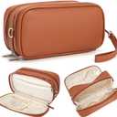 Makeup Bag for Women, Wide-open Makeup Organizer with Makeup Brush Holder, Waterproof Cosmetic Bag with Compartment, Portable Travel-Size Toiletry Bag for Traveling, Large Make Up Bag (Brown)