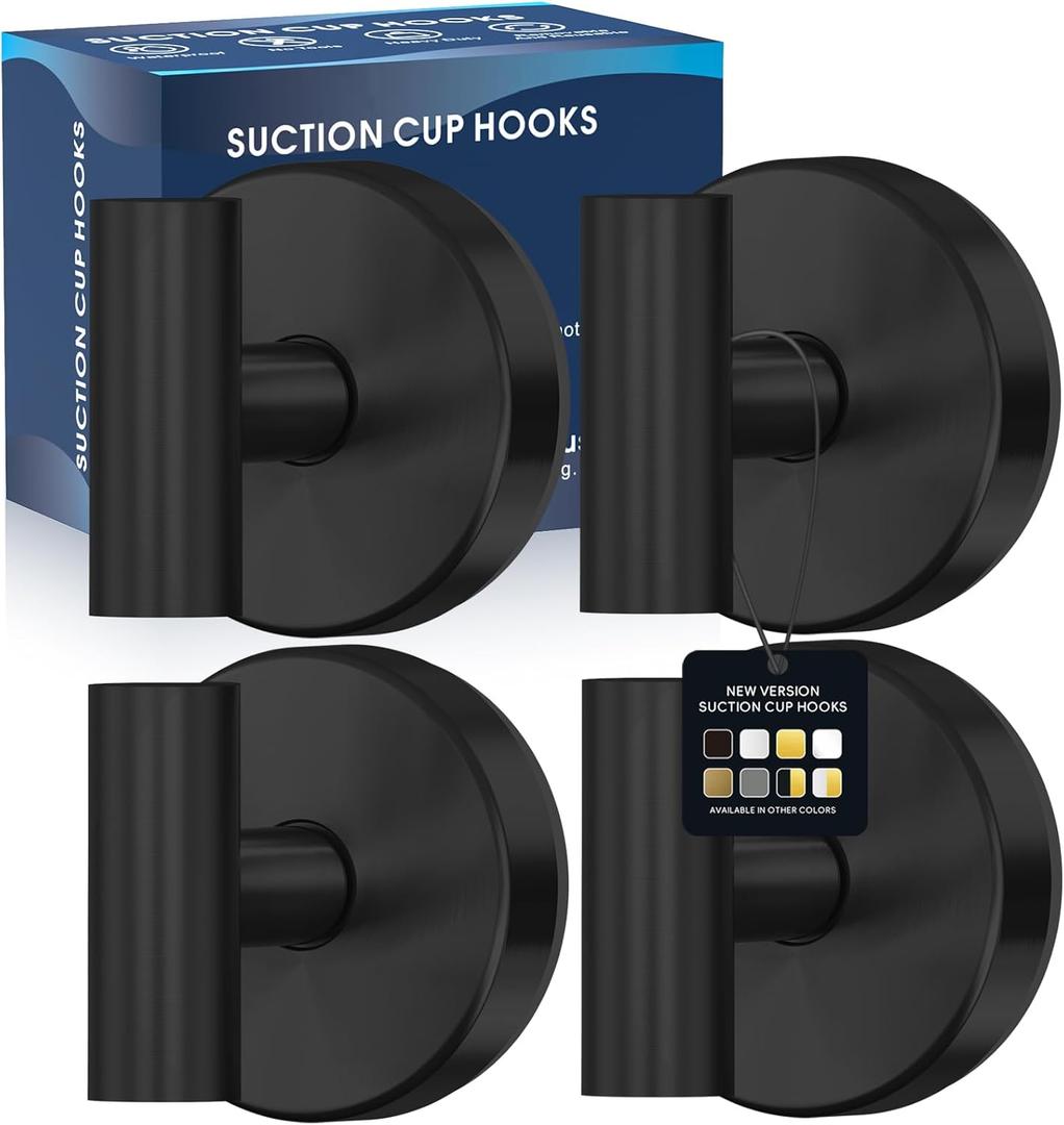 Suction Cup Hooks for Shower, Heavy Duty Shower Towel Suction Hooks, No Drill Wall Mounted Towel Hooks for Bathrooms Wall, Kitchen,Glass, Mirror,Tile to Hang Towels, Robes, Coat-Black(4 Pack)