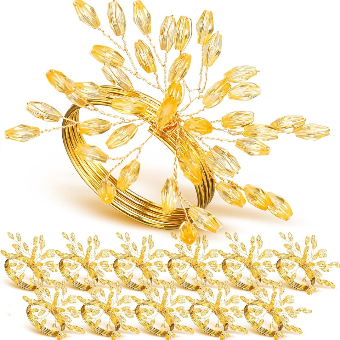 WILLBOND Christmas Handmade Crystal Leaf Napkin Rings Set of 18 - Rhinestone Gold and Silver for Dinner Parties, Weddings, Thanksgiving, Everyday Use (12 Pieces, Gold)