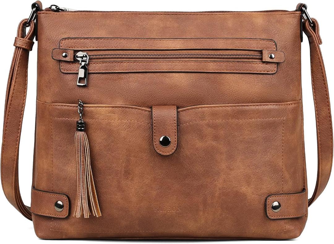 FADEON Large Crossbody Purses for Women Crossbody Bag, Designer Leather Cross Body Purses Multi Pocket Shoulder Bag (Brown Retro Style)