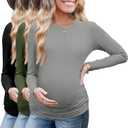 Ekouaer Maternity Long Sleeve Shirt 3Packs Round Neck Pregnancy Tops Casual Tee Top Shirts (Small, Black/Army Green/D.grey Textile)