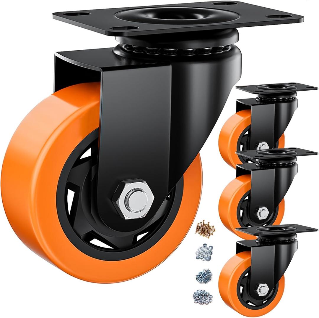 3 Inch Caster Wheels, Casters Set of 4 Heavy Duty, Orange Polyurethane (PU) Casters, Industrial Swivel Top Plate Castor Wheels for Workbench/Furniture/Cart (Pack of 4)