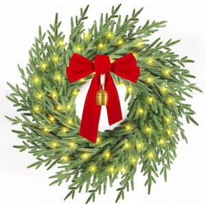 Christmas Wreath with Lights,26" Real Touch Pine Wreath with Bow and Bell, Artificial Christmas Wreaths for Front Door,Outdoor Winter Wreath for Indoor,Wall,Window Festival Decor