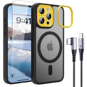 4 in 1 Magnetic for iPhone 16 Pro Max Case [with 1X Screen Protector, Braided Cable, Removable Lens Case] [Mil-Grade Drop Protection] Shockproof Slim Translucent Matte Protective Phone Case, Black