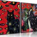 2Pcs Black Cat Cohen Hippie Psychedelic Wall Art Retro Fun Cool Girl Mystical Animal Eyes Stars Canvas Posters Prints Cat Lovers Wall Decor Pictures Bedroom Living Room Dorm Decoration Unframed