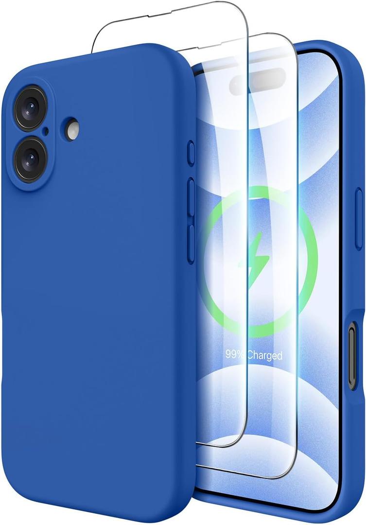 OTOFLY Compatible with iPhone 16 Case, Compatible with MagSafe, Shockproof Magnetic Silicone Case for iPhone 16,[Military Grade Protection] [2 Pack Screen Protectors], Classic Blue