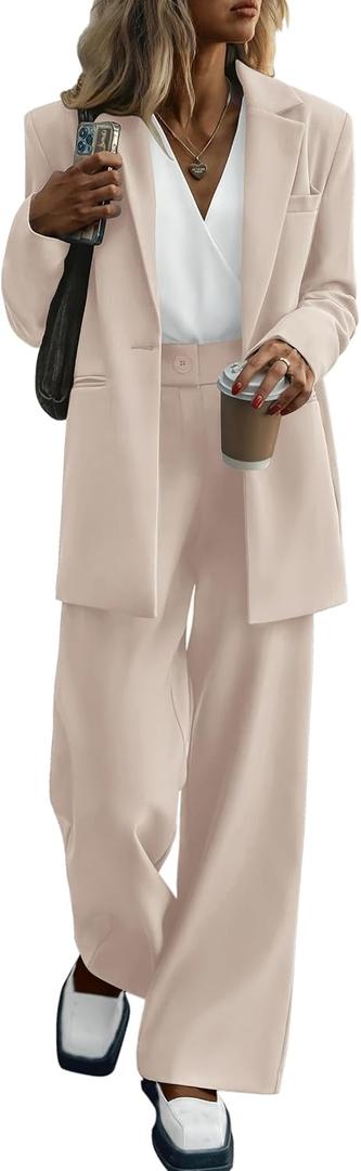 PRETTYGARDEN Women's Fall Two Piece Outfits Dressy Blazer Jacket and Wide Leg Pants Pockets Business Casual Office Suit Sets (Beige,Medium)