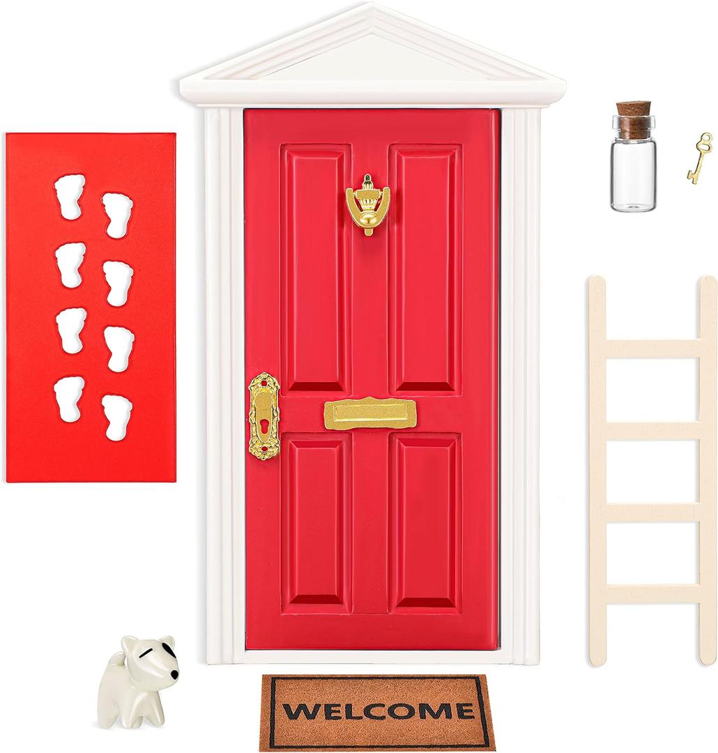 Christmas Elf Wooden Miniature Red Magical Elf Tooth Fairy Door Kit with Accessories Mini Red Fairy Door Tiny Wooden Festive Set for Tale Room Decoration DIY Activities 18.5cm 7 Inch