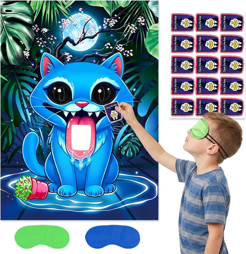 2 x Purple Demon Birthday Decorations, Blue Cat Demon Pin The Letter,Large Poster Stickers Party Supplies