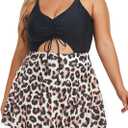 Summer Mae Women's Plus Size One Piece Swim Dress Floral Cutout Swimsuits V-Neck Bathing Suit with Skirt (Black)