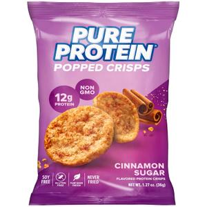 Pure Protein Cinnamon Sugar Popped Crisps - 12g Plant Based Protein, Gluten Free, Non GMO, Vegan, Air Popped & Puffed Crisps – Healthy Protein Snacks – 12 Pack (EXP 02/04/27)