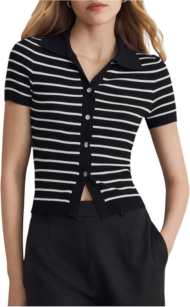 Verdusa Women's Old Money Striped Knit Tops Button Down Short Sleeve Sweaters Collared Tee Tops (Medium, Black and White)