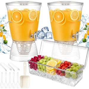 FillTouch 4 Sets Acrylic Drink Dispenser with Condiment Tray Ice Scoop, 2.7 Gallon Clear Juice Dispenser Countertop with Spigot and Base, Lemonade Stand Supplies for Summer and Wedding Party