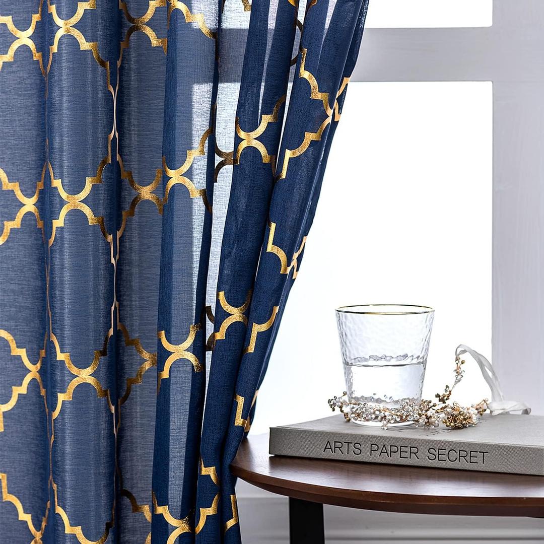 Kotile Navy Gold Sheer Curtains 96 Inch Length 2 Panels Metallic Glitter Moroccan Pattern Long Sheer Curtains for Living Room, Rod Pocket Light Filtering Elegant Window Treatment, W52 x L96 Inch (52"W x 96"L (Pack of 2))
