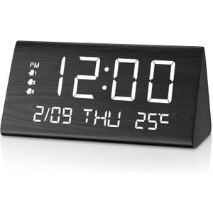 JALL Digital Alarm Clock, with Wooden Electronic LED Time Display, 3 Alarm Settings, Weekday/Weekend Mode, Temperature Detect, Wood Made Electric Clocks for Office, Bedroom, Bedside (Black)