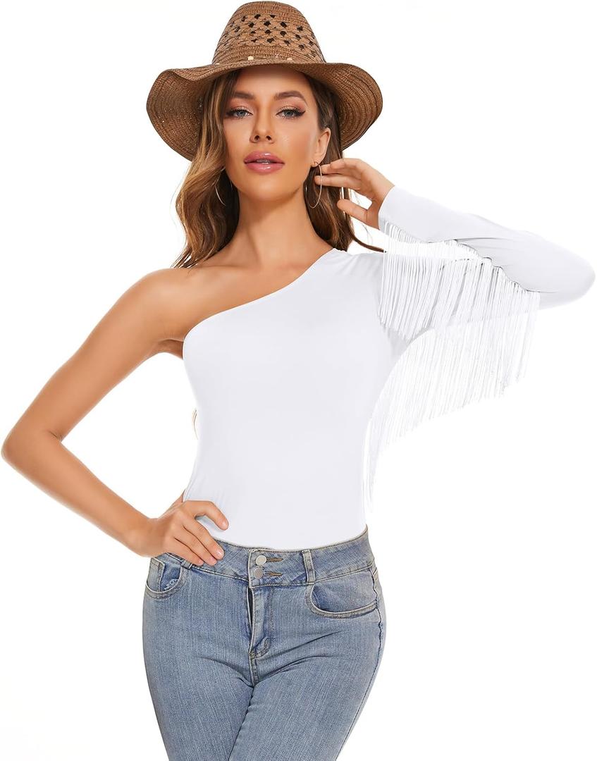 American Trends Women's Fringe Trim One Shoulder Long Sleeve Body Suits Concert Outfits Long Sleeve Bodysuit Tank Top (Medium, 02 Shoulder White)