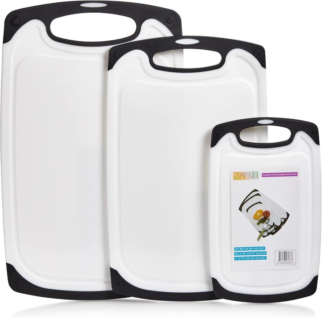 SAFUU Plastic Cutting Boards for Kitchen 3 Pcs - 3 SIZES, Non-Slip Chopping Board with Juice Groove & Easy Grip Handles --- { White And Black Color } (ZF-PLSTCBORD-3)