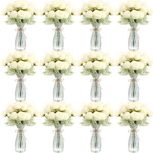 Zeyune 36 Pack Artificial Flowers Centerpiece with Vase Bulk for Wedding Table 24 Bundles Silk Floral Faux Rose Bouquet with 12 Plastic Vase for Bridal Shower Table Decor(White)