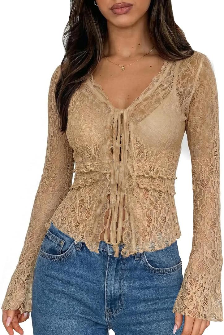 Clarisbelle Summer Women's Bell Sleeve Lace Mesh Sheer Sexy Y2k Shirt Ruffled Hem Tie Front V Neck Vintage Tops (Beige, M)