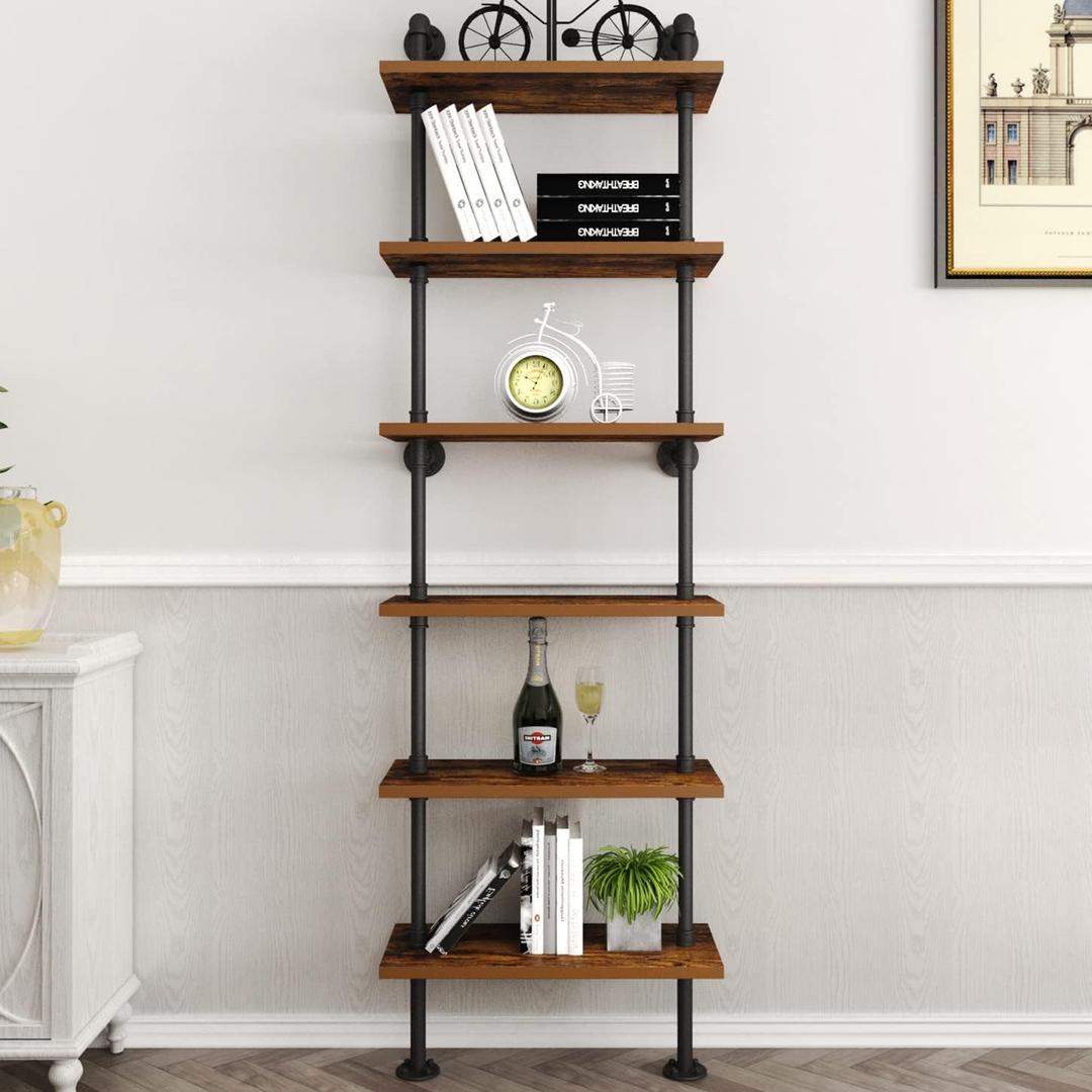 HOMEKAYT Industrial Pipe Shelf Rustic Wood Wall Shelf Ladder Bookshelf Wall Mounted Storage Decor Shelf for Home, Office, Living Room(6-Tier)-Black, 24''L