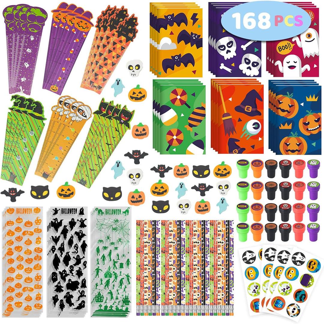 SpringFlower 168pcs Halloween Party Favors For Kids, Halloween Stationery set , Halloween Goody Bag Fillers including Pencil, Eraser, Ruler, Notepad, Stamper, Sticker For Trick or Treat