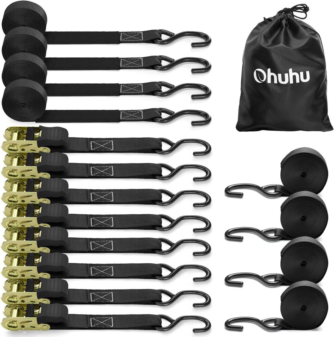 Ratchet Tie Down Strap 8-Pack 15 Ft - 500 lbs Load Cap with 1500 lbs Breaking Limit, Ohuhu Ratchet Tie Downs Logistic Cargo Straps for Moving Appliances, Motorcycle, Black