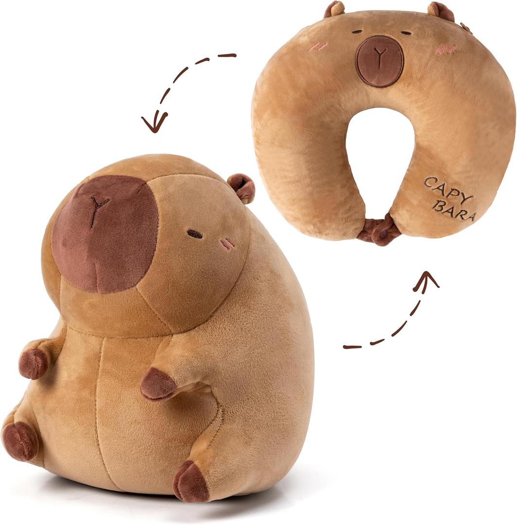 Capybara Kids Travel Pillow - 2-in-1 Deformable Neck Pillow, Soft U-Shaped Headrest Support with Capybara Design, Animal Memory Foam Sleeping Accessories for Car Train Airplane Traveling