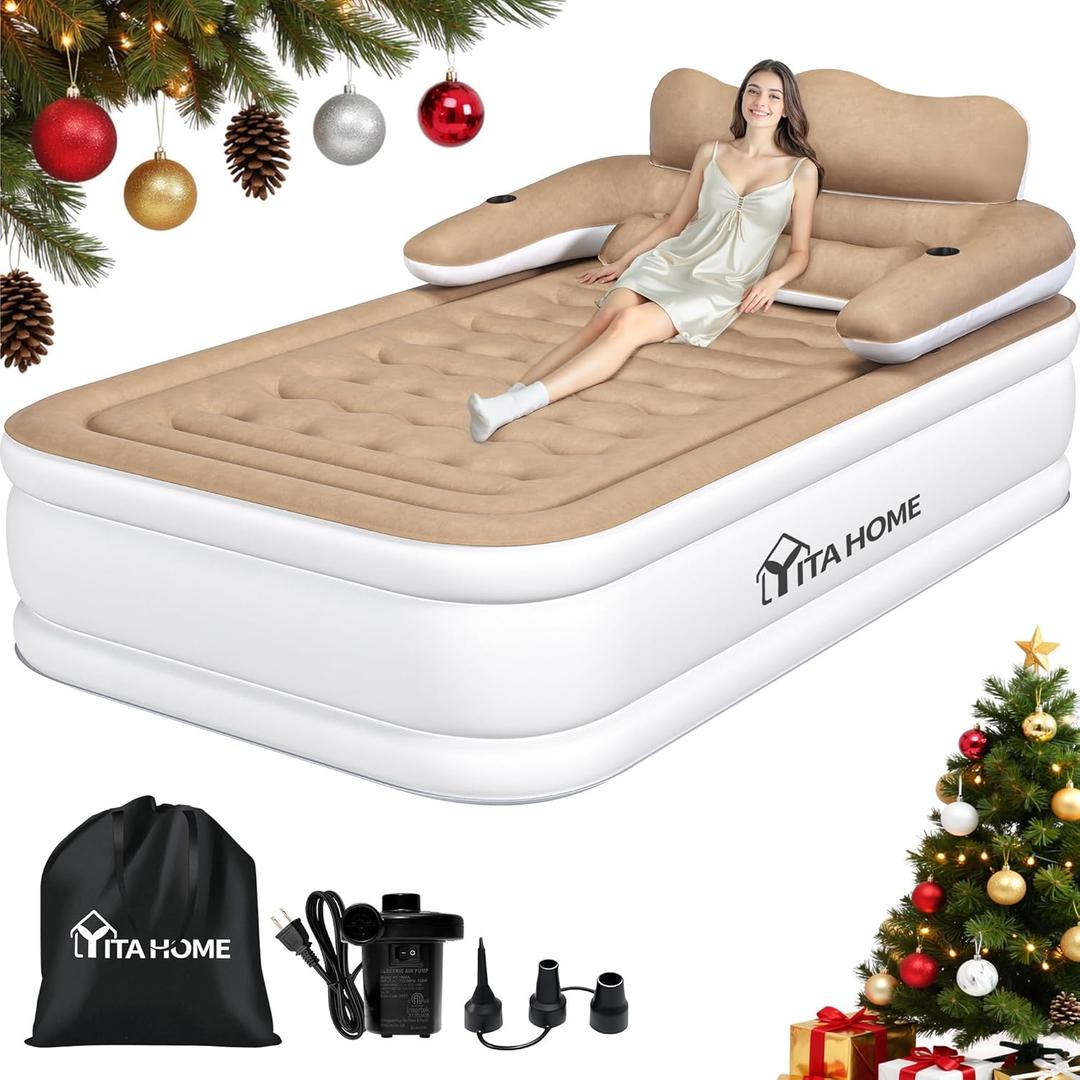 YITAHOME FullXL Size Air Mattress with Headboard and Pump, 18in Blow Up Mattress with Carry Bag, and Travel, Brown