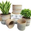 Planter Basket Set – 5-Piece Handwoven Jute Planter Basket for Home Decor, Nursery, or Indoor Plants (5'' to 8'' Diameter, 4.75'' to 7.75'' Height) – Wrinkle Free - Natural Beige with White Band
