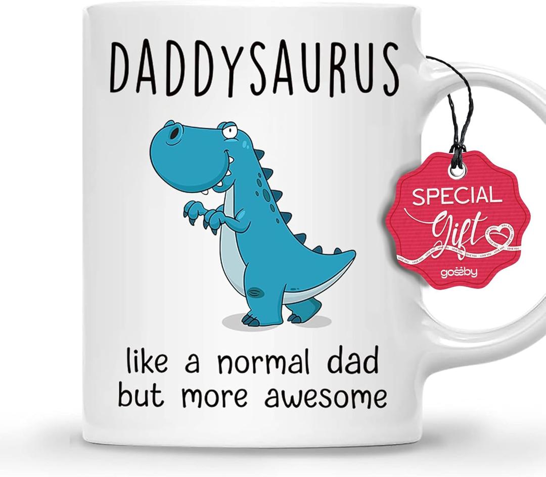 Gossby DADDYSAURUS Coffee Mug for Dad - Funny Gifts for Dad from Daughter, Son, Kid - 11oz T-rex Daddy Mug - Fathers Day, Christmas, Birthday Gift for Father, Step Daddy - Husband Gift from Wife