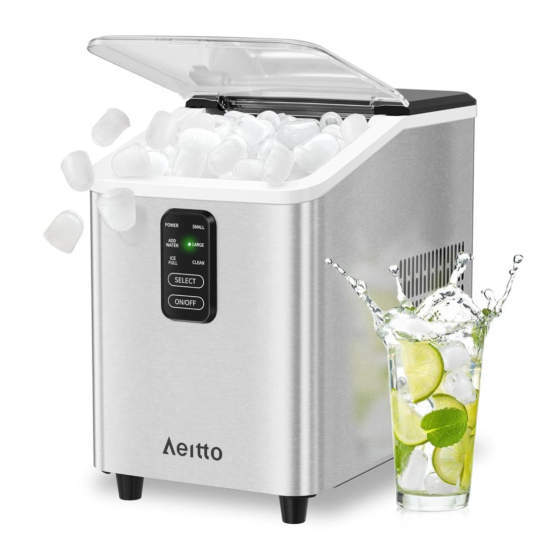 Aeitto Ice Maker Countertop 26lbs/24H, Ice Machine 8 Ice Cubes Ready in 6 Mins, 2 Sizes of Bullet Ice Portable Ice Makers with Basket & Scoop, Auto Self-Cleaning for Home/Kitchen/Office Stainless