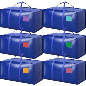 6 Pack Moving Bags with Full-Open Side Zipper, Extra Large 93L Heavy Duty Waterproof Foldable Storage Totes for College Dorm, Moving & Home Organization,Blue