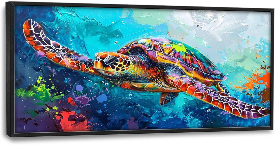 Mecowcm Sea Turtle Extra Large Wall Art Ocean Coastal Framed Wall Decor Swimming Turtle Canvas Painting Pictures for Living Room Bedroom Bathroom Office 30"x60"