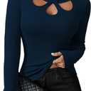 Pink Queen Sexy Tops for Women Long Sleeve Keyhole Cutout Ribbed Knit Shirt Stretchy Casual Fall Going Out Top (Blue, S)