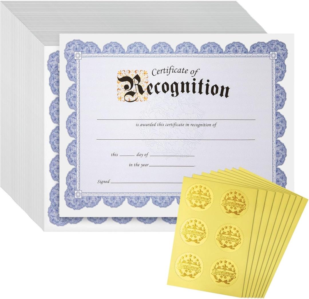 Best Paper Greetings Award Certificate Paper - 48 Sheets, 8.5 x 11 in, Blue Floral Border - Recognition Certificates with Lines & Sections, 48 Gold Foil Seal Stickers
